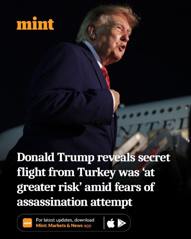 A man with blonde hair in a dark suit and red tie descends aircraft stairs at night, overlaid with a news headline about a flight from Turkey.