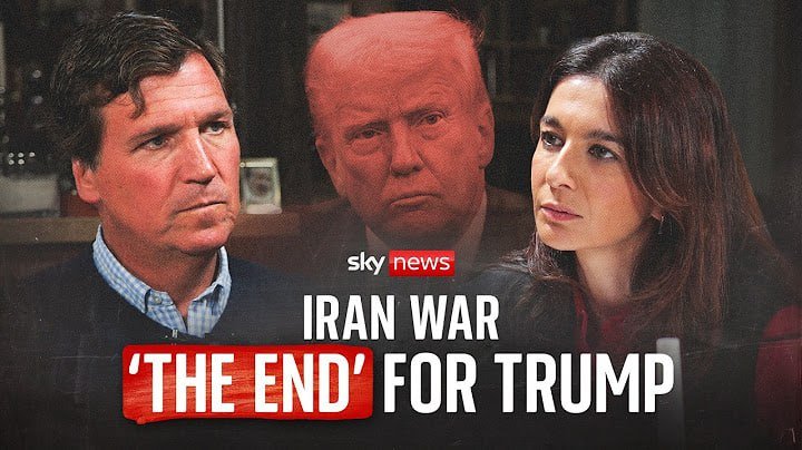 Sky News graphic showing three figures under the headline "'THE END' FOR TRUMP" with the subheading "IRAN WAR."