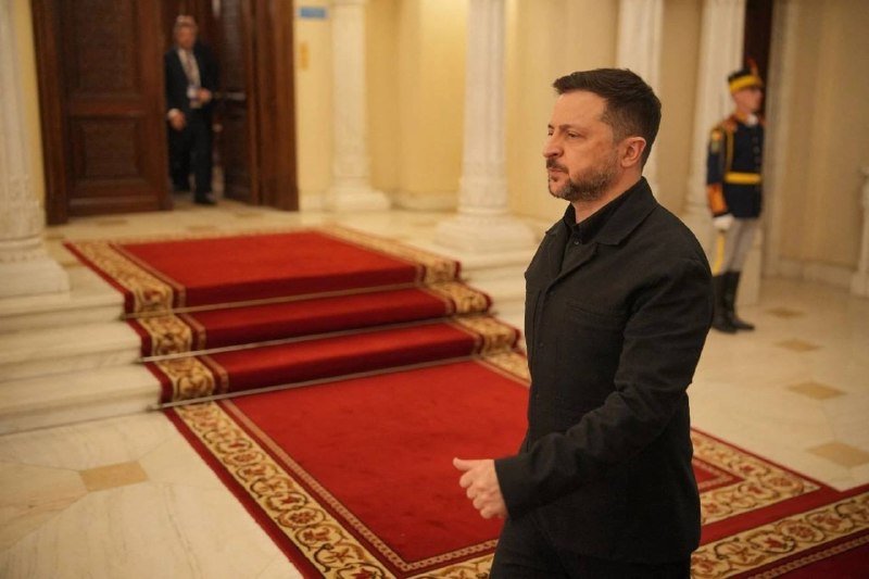 A man in a black coat walks along an ornate red carpet in a formal hall, with a uniformed guard standing in the background.