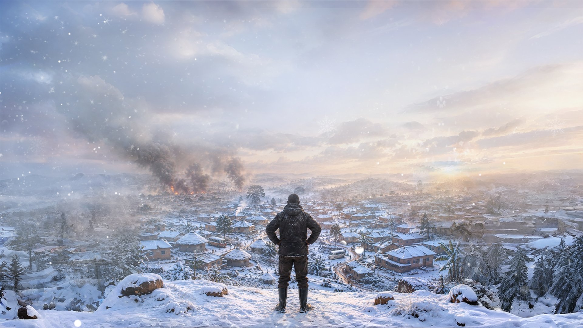 A hooded figure stands on a snowy hillside overlooking a snow-covered village, with smoke rising from a distant fire.