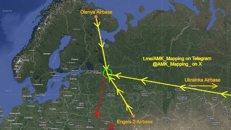 A map graphic shows yellow arrows converging on a point near Russia, with labels for Olenya Airbase, Ukrainka Airbase, and Engels-2 Airbase.
