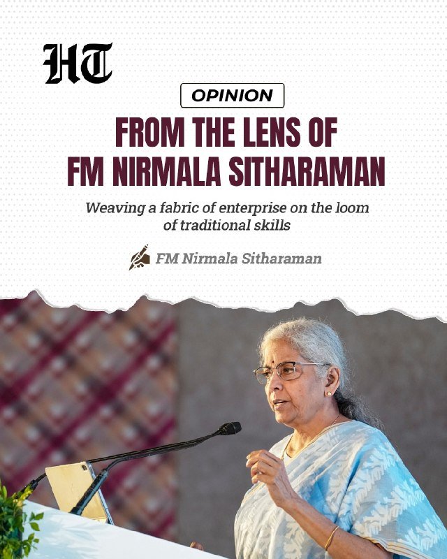A graphic from HT Opinion features a woman with gray hair and glasses speaking at a podium, titled "From the Lens of FM Nirmala Sitharaman."