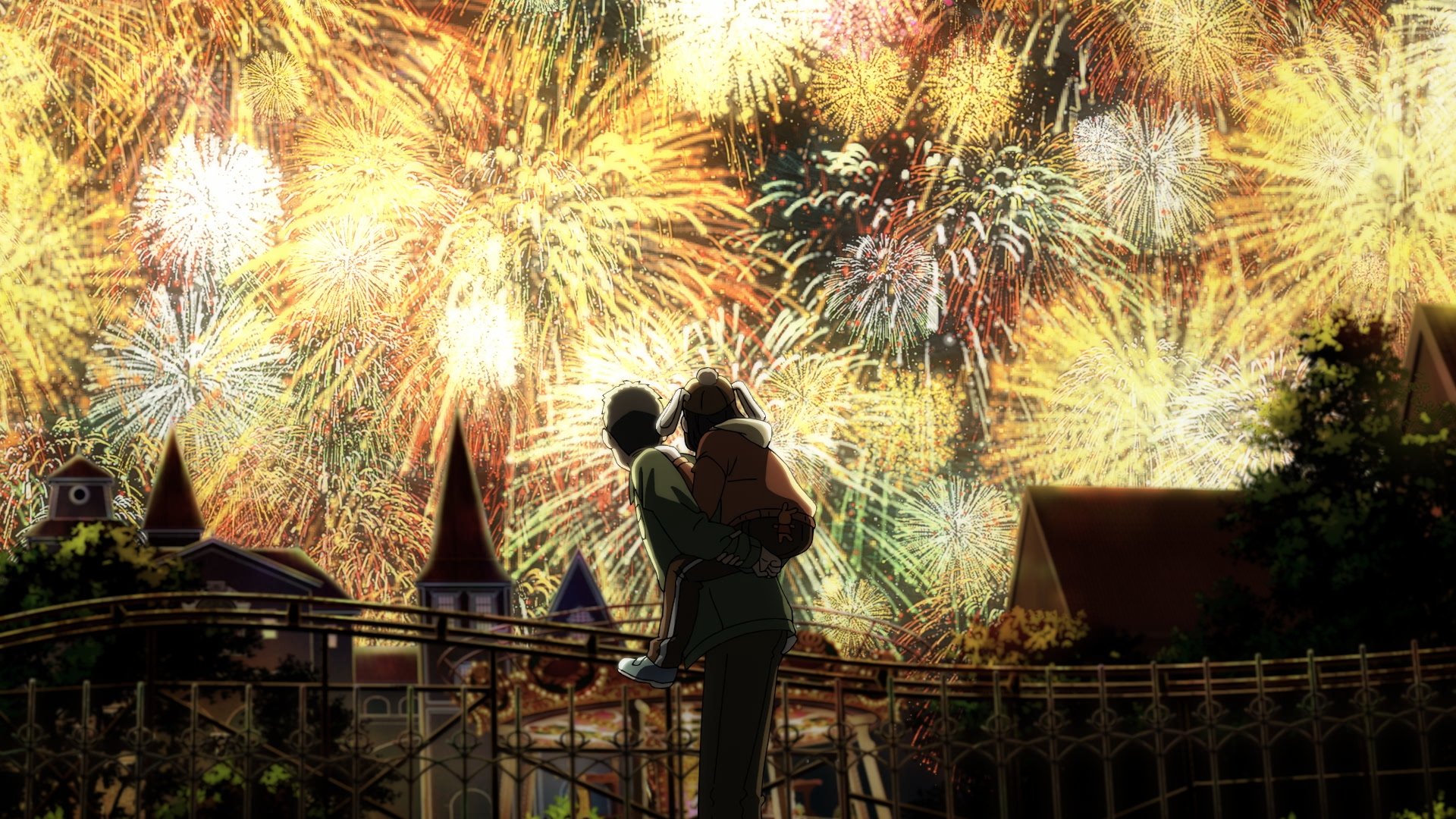 An animated illustration shows a man holding a small child, both watching a vibrant display of yellow, red, and green fireworks bursting over a town at night.