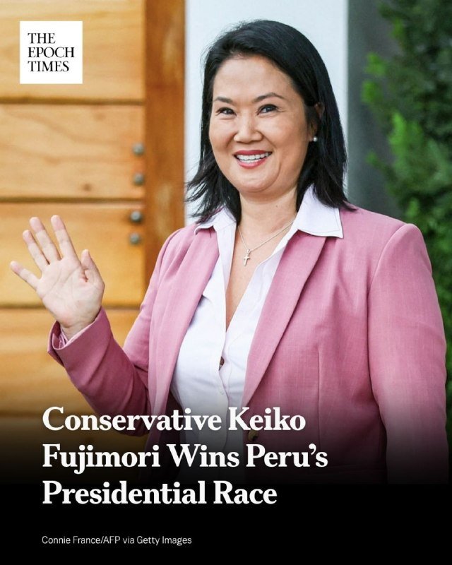 A smiling woman in a pink blazer waves beside a wooden door, with text reading "Conservative Keiko Fujimori Wins Peru's Presidential Race."