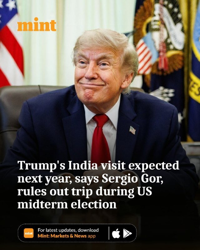 Graphic featuring a smiling blonde man in a navy suit and red tie seated before U.S. and presidential flags, overlaid with the "mint" logo and text about an India visit.