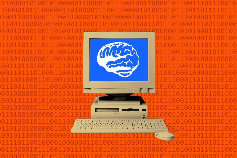 A vintage desktop computer with a keyboard and mouse sits on an orange background covered in binary code, its blue screen displaying a white illustration of a brain.