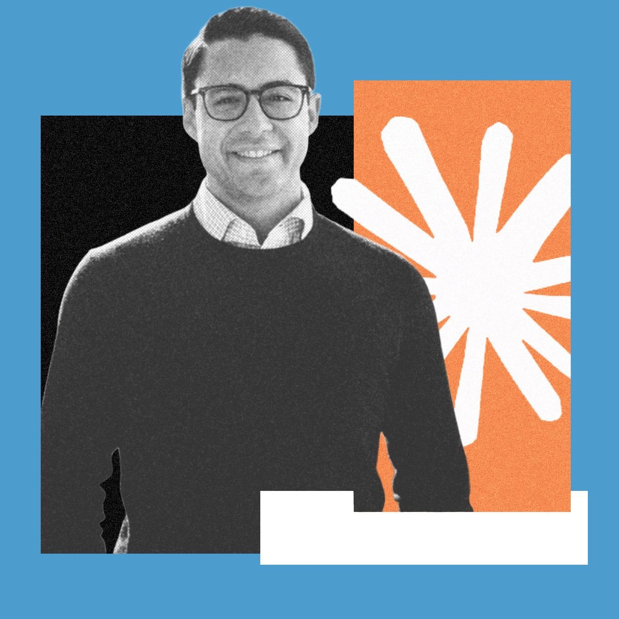 A smiling man wearing glasses and a dark sweater stands beside an orange and white sunburst graphic on a blue background.