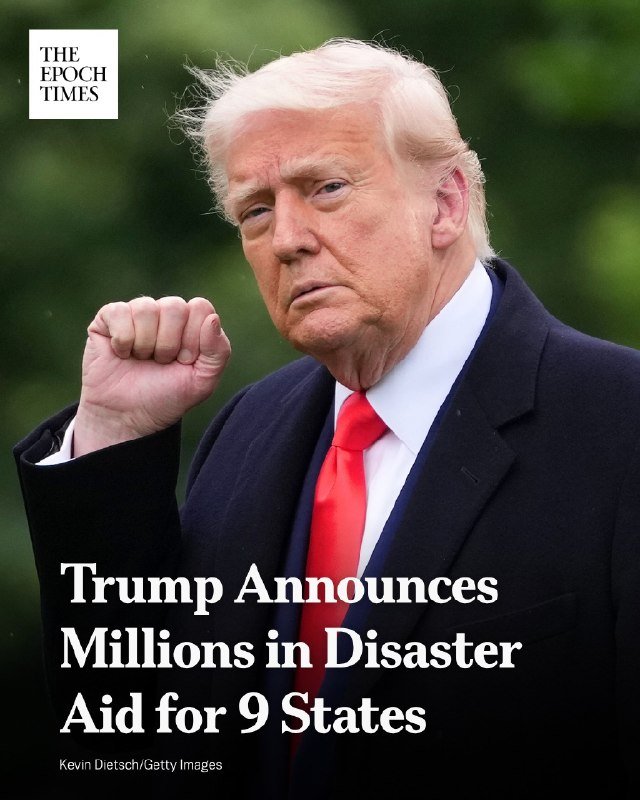 An older man with blonde hair in a dark suit and red tie raises a clenched fist, with "THE EPOCH TIMES" logo and headline text overlaid on the image.