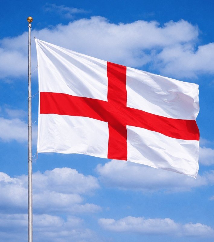 A white flag with a red cross waves from a metal flagpole against a partly cloudy blue sky.