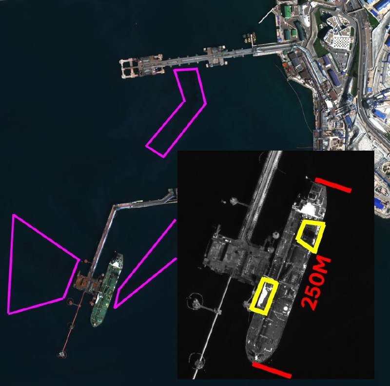Satellite image showing a coastal port facility with piers and docked ships, overlaid with magenta polygon outlines and an inset black-and-white aerial photo annotated with yellow boxes and a "250M" label.