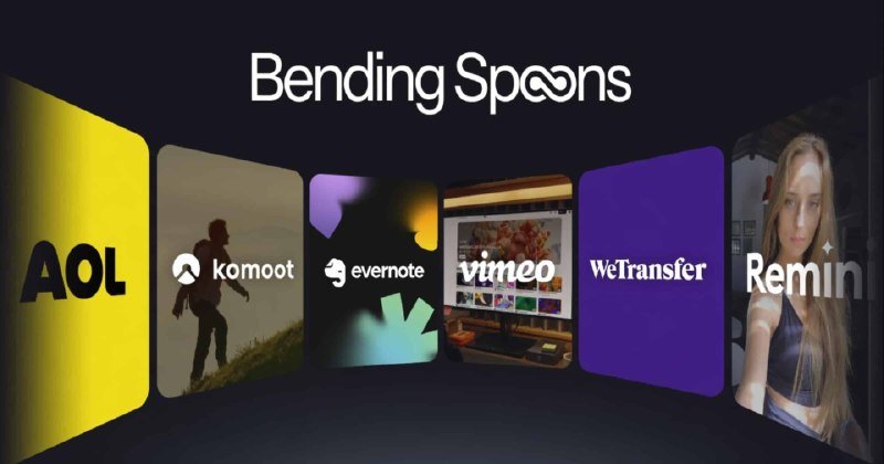 A graphic displays the "Bending Spoons" logo above six rounded rectangular app icons, including AOL, Komoot, Evernote, Vimeo, WeTransfer, and Remini, set against a dark background.