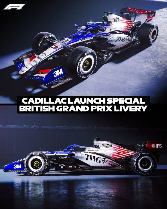A promotional graphic displays two angles of a blue, white, and red Formula 1 race car alongside text reading "CADILLAC LAUNCH SPECIAL BRITISH GRAND PRIX LIVERY."
