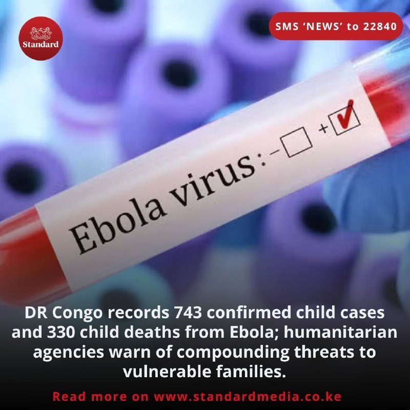 A labeled test tube marked "Ebola virus" with a checked box is held in front of purple blood sample vials.