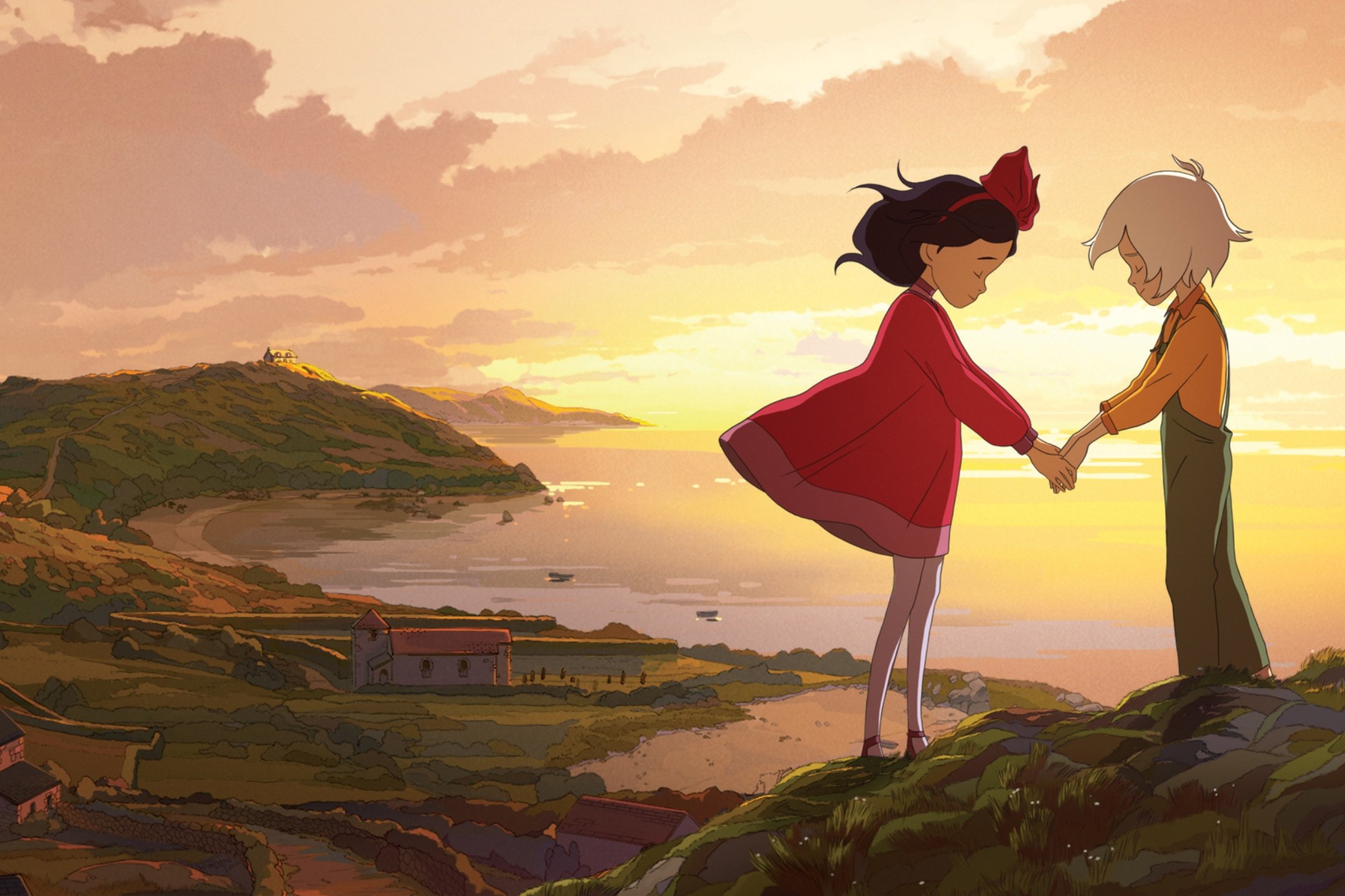 An animated illustration shows a girl in a red coat and red bow holding hands with a blonde boy against a sunset coastal landscape.