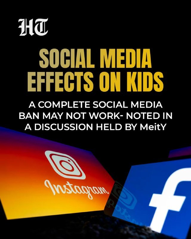 A graphic features an "HT" logo, the headline "Social Media Effects on Kids," and subtext about a social media ban discussion, above illuminated Instagram and Facebook app icons.