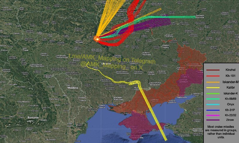 A satellite map of Ukraine displays colored missile trajectories converging on a central point, with a legend identifying weapon types including Kinzhal, Kh-101, and Iskander-M missiles.