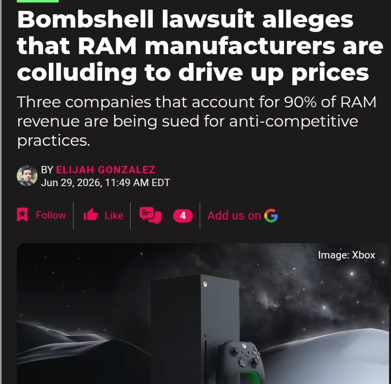 Headline reads "Bombshell lawsuit alleges that RAM manufacturers are colluding to drive up prices," bylined to a profile photo of a man, dated Jun 29, 2026, above an Xbox image.