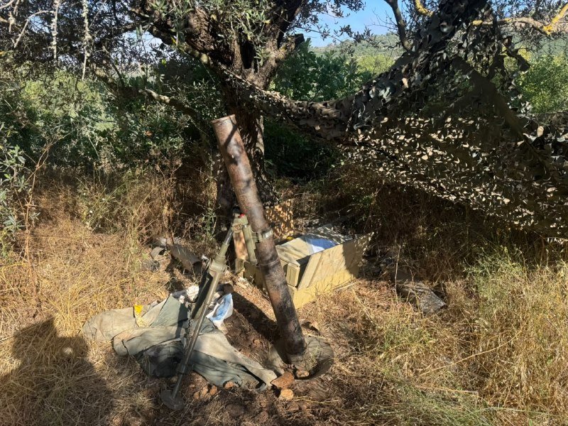 A rusted cylindrical metal object protrudes from disturbed earth beneath an olive tree, surrounded by military-style crates, tarp, and dry brush in a wooded area.