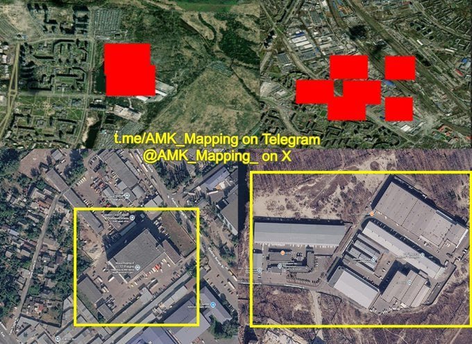 Satellite imagery shows industrial buildings highlighted with red blocks and yellow outline boxes, overlaid with text "t.me/AMK_Mapping on Telegram" and "@AMK_Mapping_on X."
