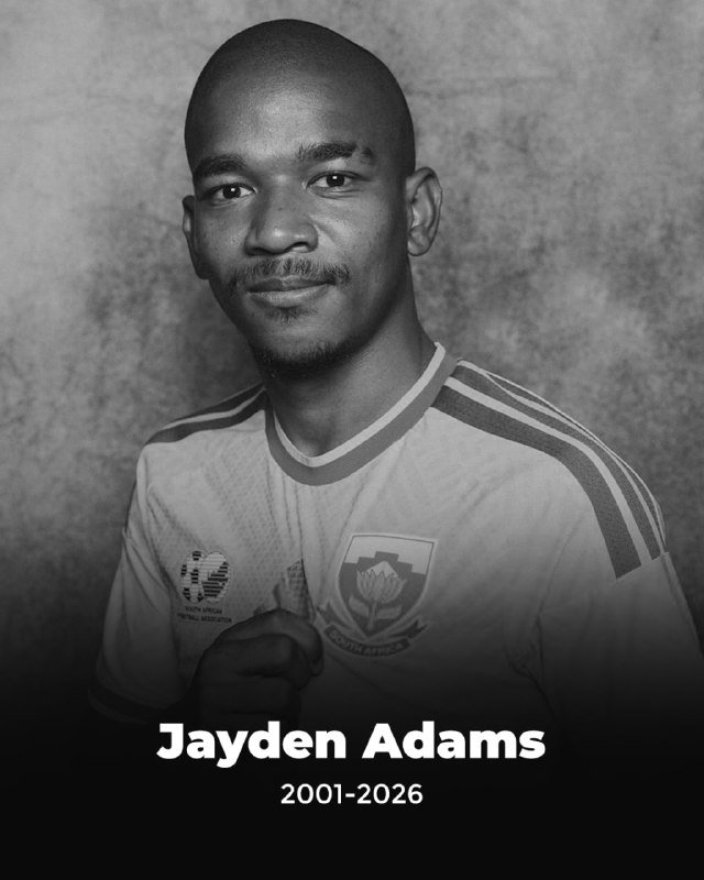 Black-and-white portrait of a man in a South Africa football jersey, labeled "Jayden Adams 2001-2026."