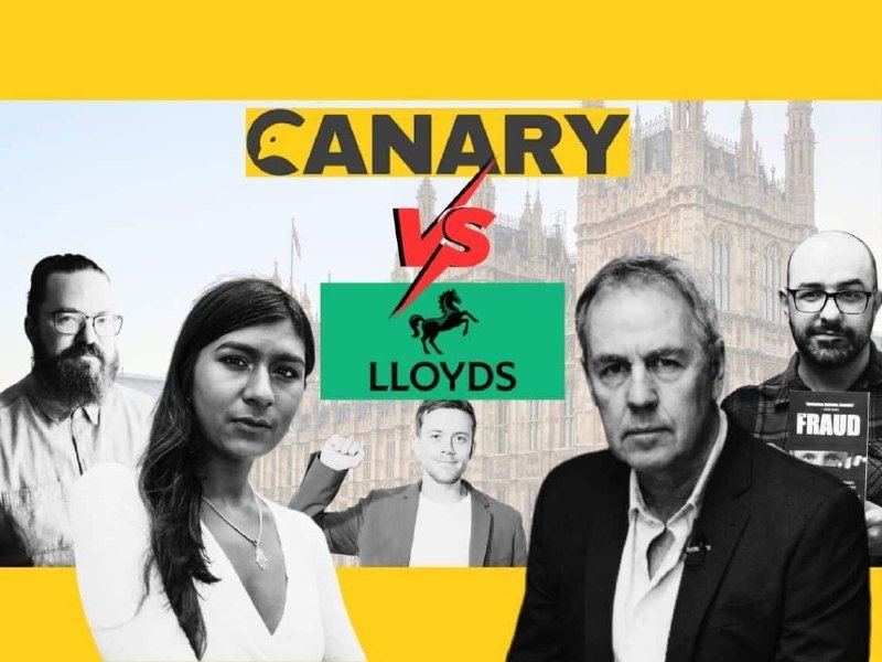A promotional graphic displays five people in grayscale in front of a Parliament-like building, with "CANARY vs LLOYDS" text and a Lloyds logo between them.