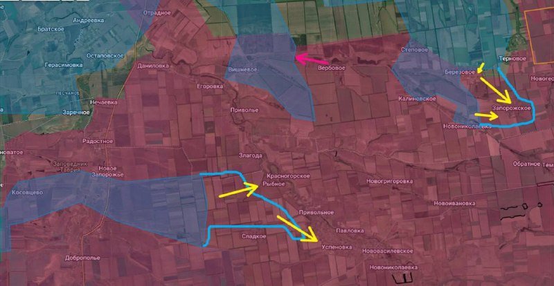 A satellite map overlaid with red and blue shaded zones, yellow and magenta arrows, and blue boundary lines, showing Cyrillic-labeled settlements and agricultural fields.