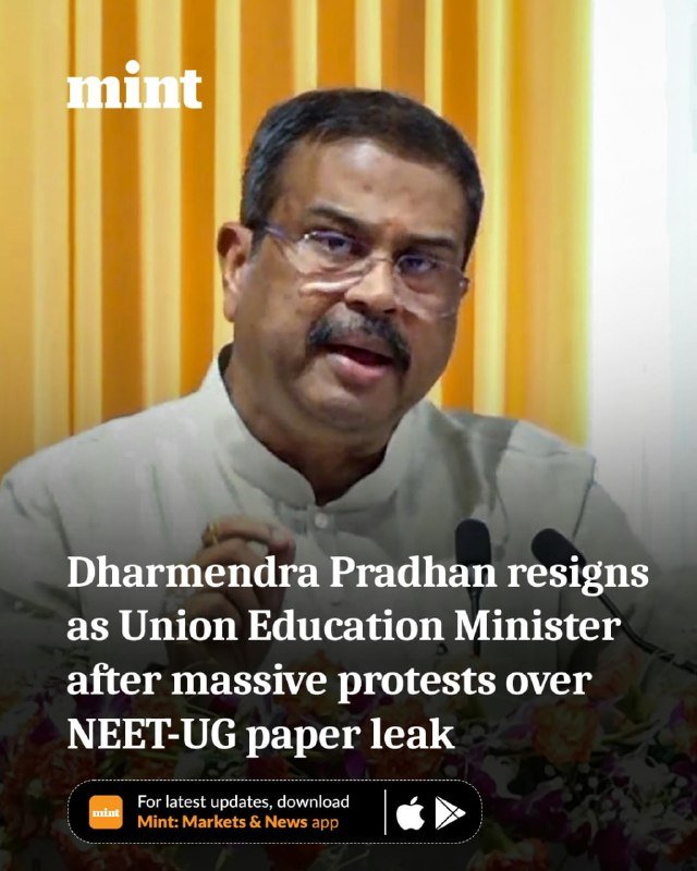 A bespectacled man speaks at a podium with the "mint" logo, captioned that Dharmendra Pradhan resigned as Union Education Minister over NEET-UG protests.