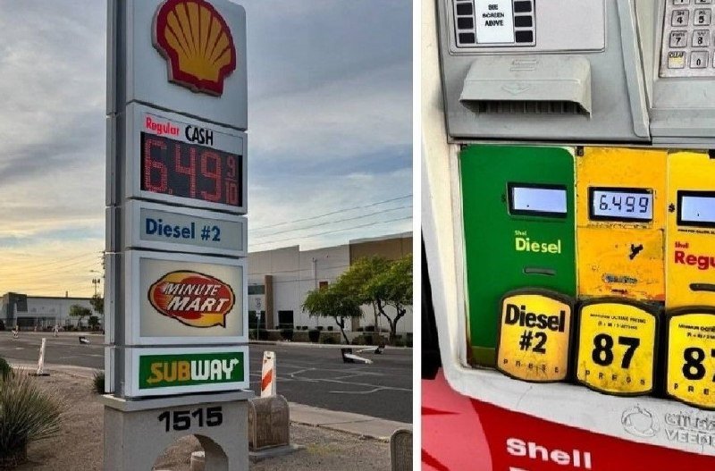 A Shell gas station sign displays "Regular CASH $6.49.9" with adjacent signage for "Minute Mart" and "Subway" at an empty lot, while a close-up shows worn fuel pump buttons for Diesel and Regular.