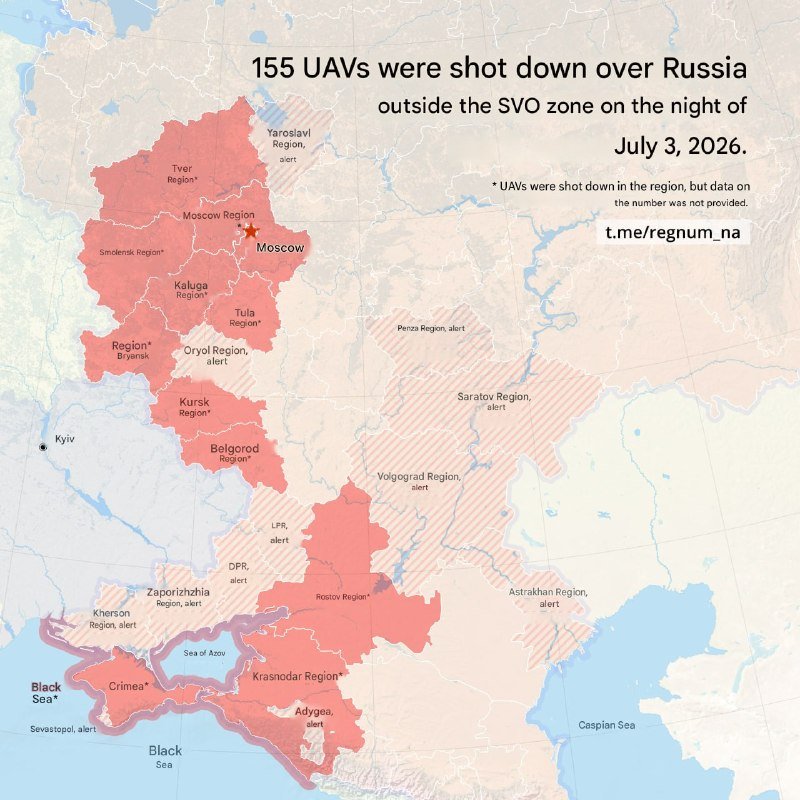A map graphic titled "155 UAVs were shot down over Russia outside the SVO zone on the night of July 3, 2026," highlighting various Russian regions in red and hatched patterns marked with alert notations.