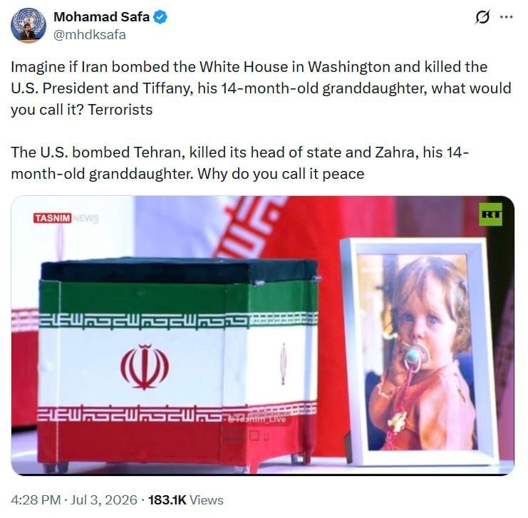 A social media post displays an Iranian flag-draped casket beside a framed photo of a young child, shared by user @mhcksafa with commentary about bombing.