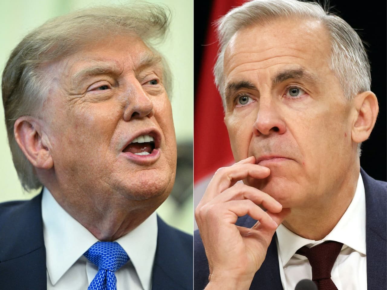 Side-by-side photos show two older men in suits and ties: the left man speaking with his mouth open, the right man resting his hand near his face.