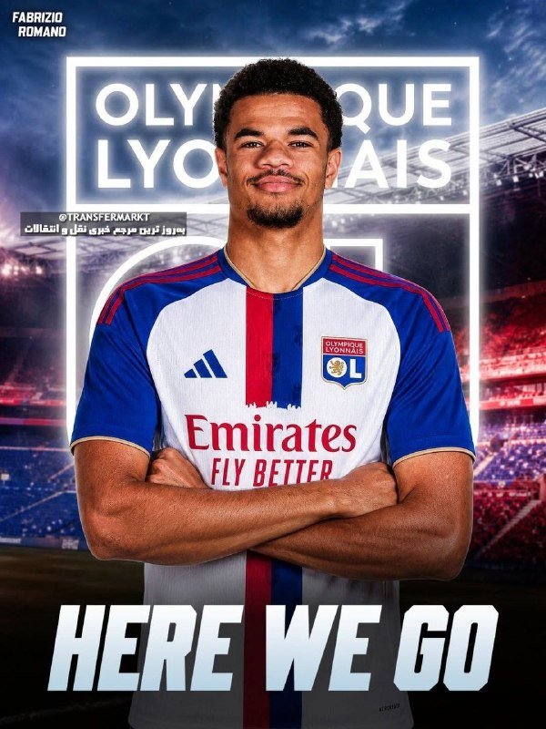Graphic illustration of a smiling young man in a white, blue, and red Olympique Lyonnais jersey with "Emirates Fly Better" text, set against a stadium background with "HERE WE GO" displayed below.