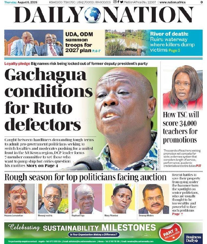 The front page of the Daily Nation newspaper dated Thursday, August 6, 2026, featuring a large photo of a man alongside headlines about political defections and an auction.