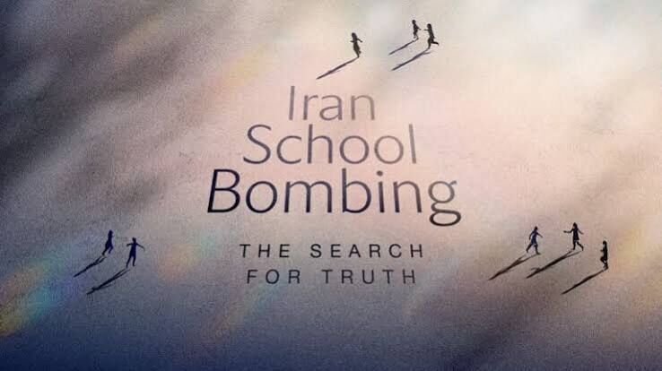 Title graphic reading "Iran School Bombing: The Search For Truth" with silhouetted figures walking across a cloudy background.