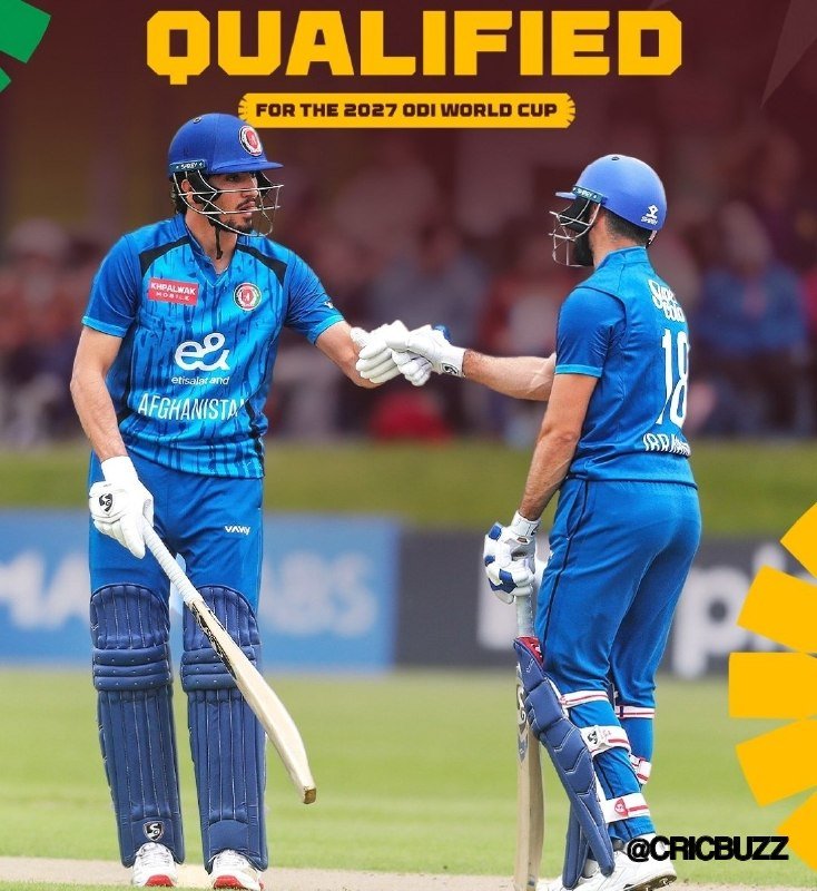 Two Afghanistan cricket players in blue uniforms bump gloves on a field beneath text reading "QUALIFIED FOR THE 2027 ODI WORLD CUP," with "@CRICBUZZ" displayed in the corner.