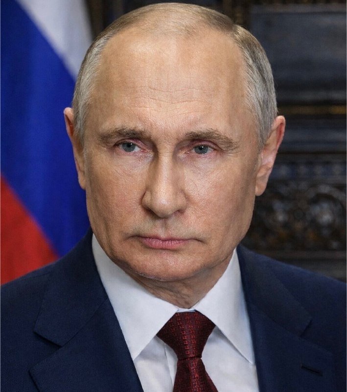 A man with light hair in a dark suit and red tie looks forward, with a Russian flag visible behind him.