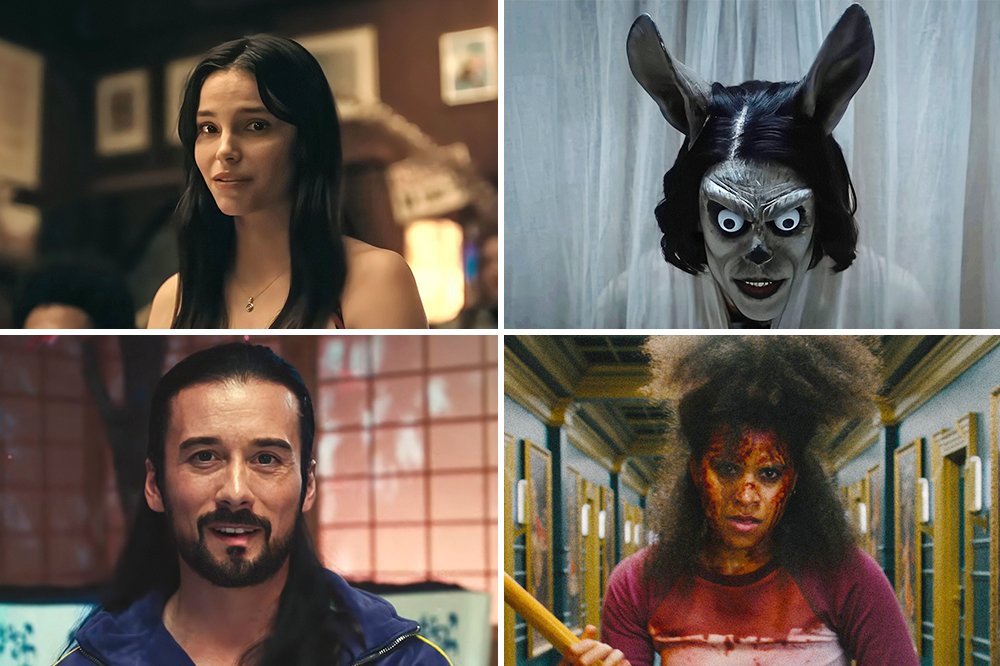 Four-panel image showing a dark-haired woman, a pale figure with pointed ears and bulging eyes, a bearded man smiling, and a curly-haired person covered in red holding a bat.