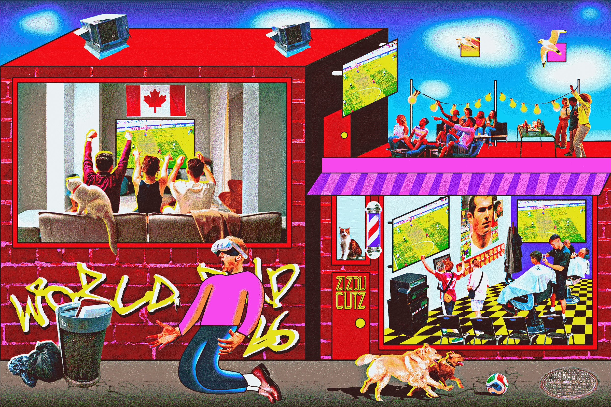 A vibrant digital illustration depicts a red brick building housing multiple scenes: people watching soccer on TVs, a rooftop gathering, a barbershop with a "ZIZOU CUTZ" sign, and a kneeling figure in a pink shirt.
