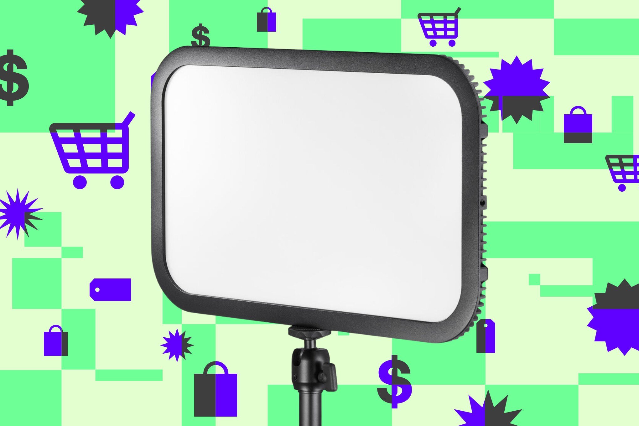 A blank rectangular studio light on a stand sits against a graphic green background decorated with purple and black shopping cart, dollar sign, price tag, and shopping bag icons.