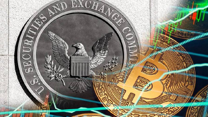 The U.S. Securities and Exchange Commission seal mounted on a wall is overlaid with bitcoin cryptocurrency coins and a colorful stock market candlestick chart graphic.