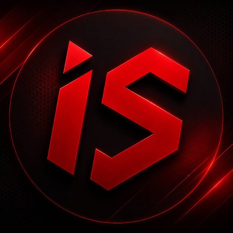 A red and black digital graphic displays the stylized "iS" logo within a glowing circular border on a textured honeycomb background.