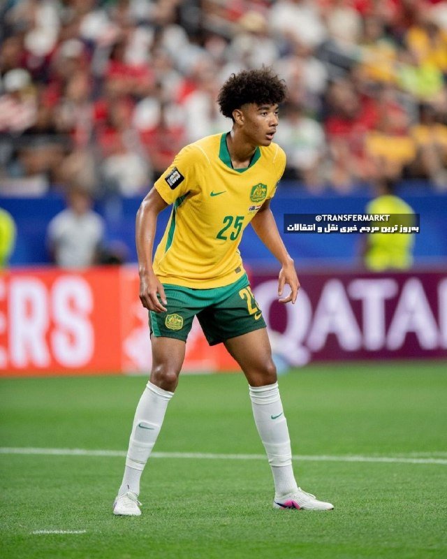 A soccer player in a yellow and green jersey with the number 25 stands on the field during a match, with blurred spectators and advertising boards in the background.
