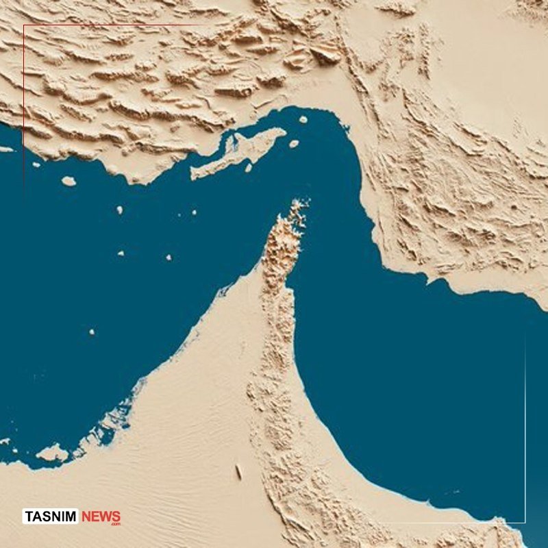 A topographical map shows landmasses in tan and bodies of water in dark blue, with the "TASNIM NEWS" logo in the bottom-left corner.