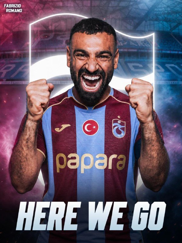 Bearded soccer player in a maroon and light blue striped Trabzonspor jersey screams with raised fists; "FABRIZIO ROMANO" and "HERE WE GO" text overlays are visible.