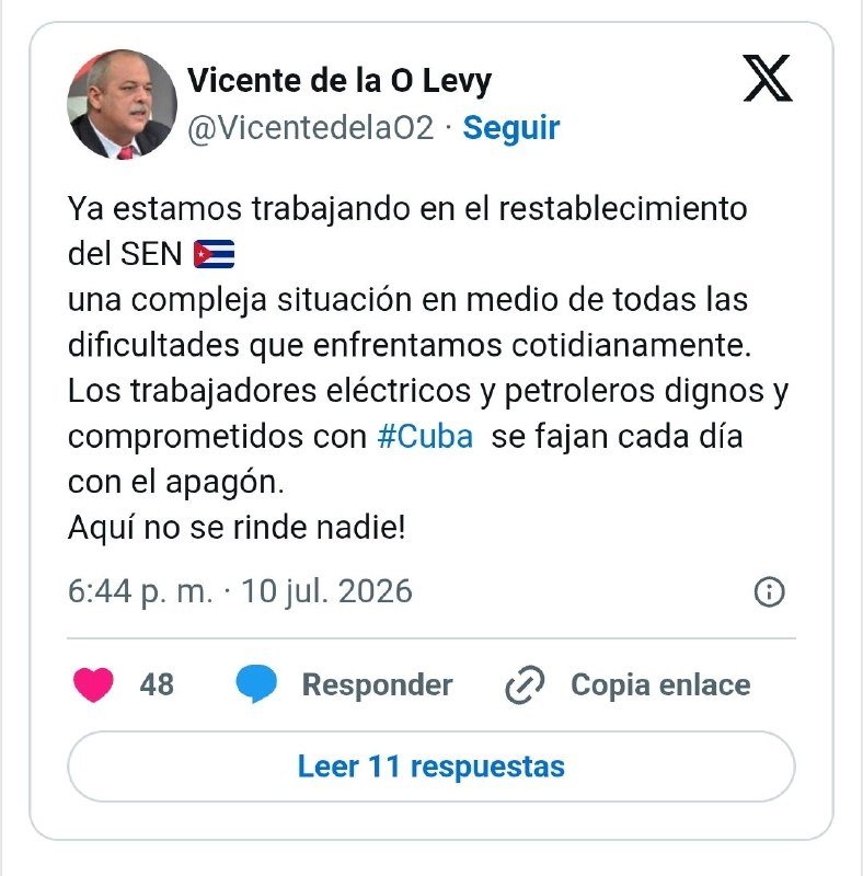 A screenshot of a Spanish-language X post by Vicente de la O Levy, dated July 10, 2026, discussing restoration work on Cuba's electrical grid, featuring a Cuban flag emoji.