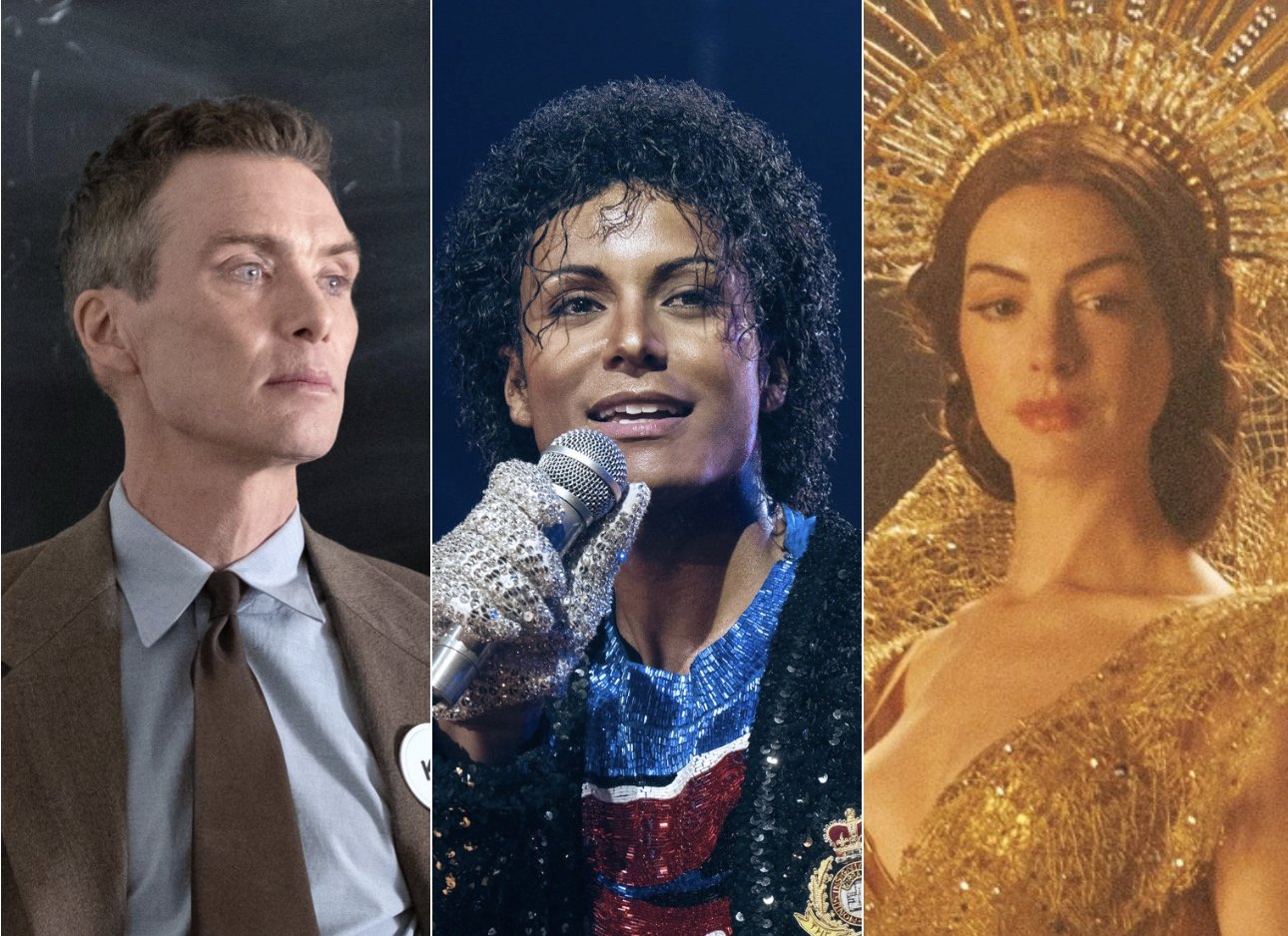 Three separate portraits are displayed side by side: a man in a suit, a performer singing into a microphone, and a woman in a sparkling gown.