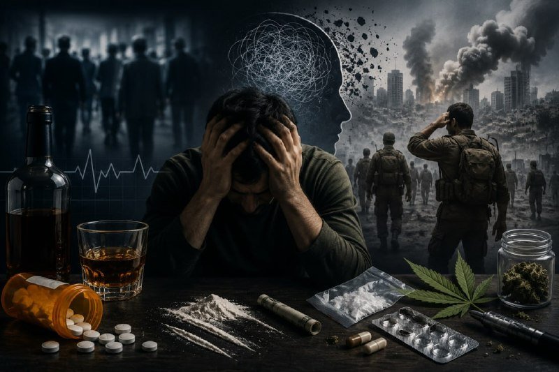 A distressed man holds his head at a table scattered with alcohol, pills, powder, and cannabis, set against a dark composite backdrop of soldiers and smoke-filled ruins.