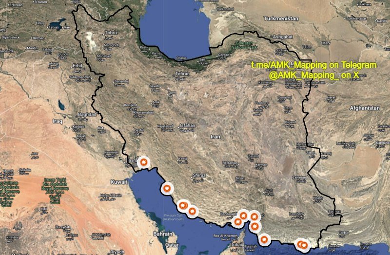 Satellite map of Iran and surrounding countries displays roughly 12 orange-and-white circular markers clustered along the Persian Gulf coastline, with Telegram and X social media handles overlaid in yellow text in the upper right.