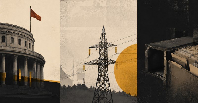 Illustration divided into three panels showing a government building with a flag, an electrical transmission tower against a yellow sun, and a file drawer filled with folders.