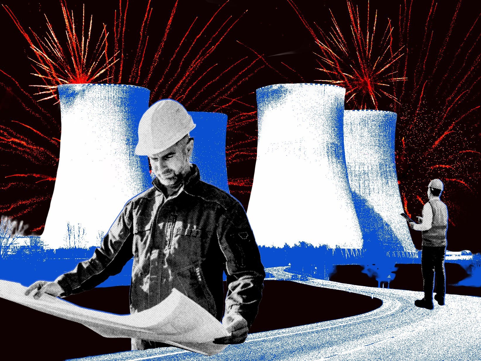 Illustration: a worker in a hard hat holds a large sheet in front of blue and white cooling towers, with red fireworks bursting in the dark sky behind.